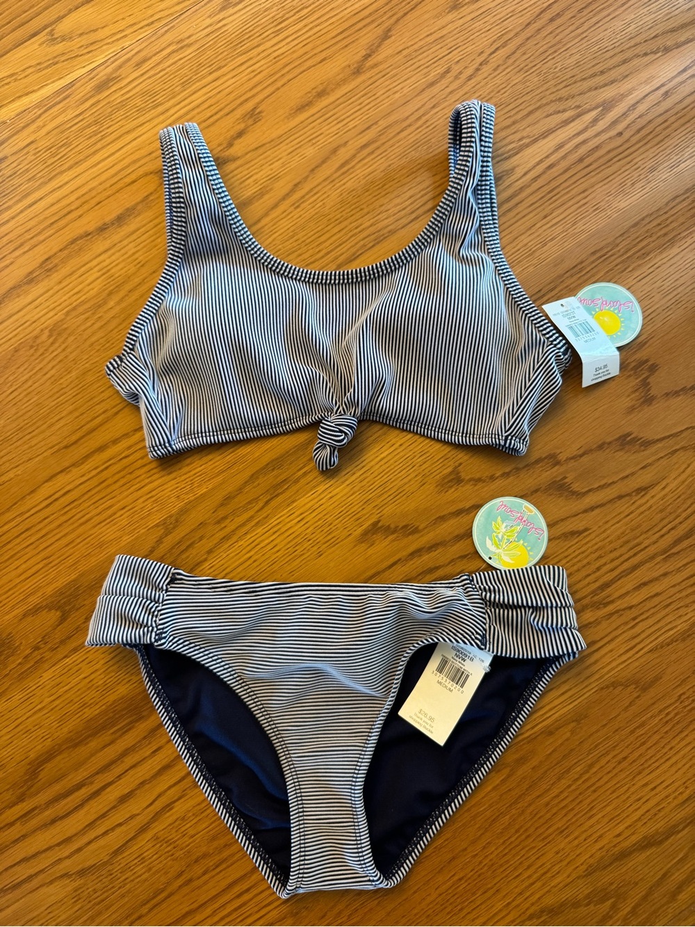 Striped Knot Front Bikini Set - Navy/White